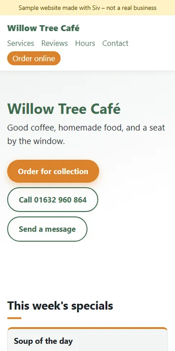 The Willow Tree Café sample website on a phone