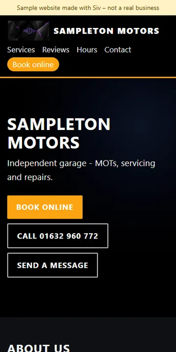 The Sampleton Motors sample website on a phone